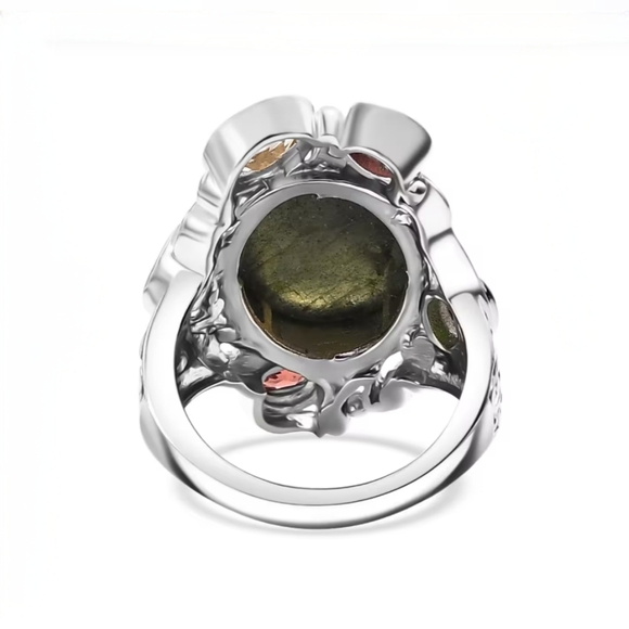 Malagasy Labradorite "Celestial Garden" multi gem ring, platinum bond, Sz.7 - Picture 5 of 7